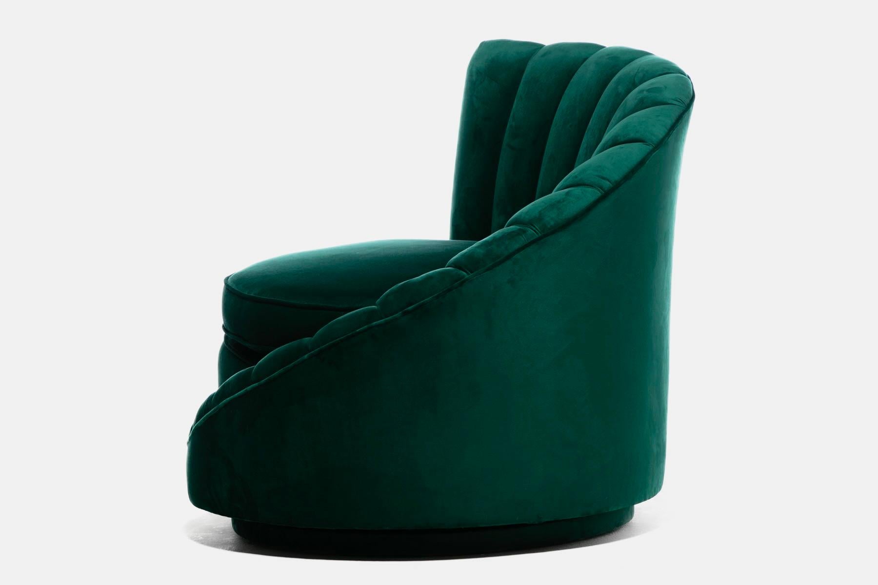 Hollywood Regency Glamorous Asymmetrical Swivel Chairs in Emerald Green Velvet For Sale 4