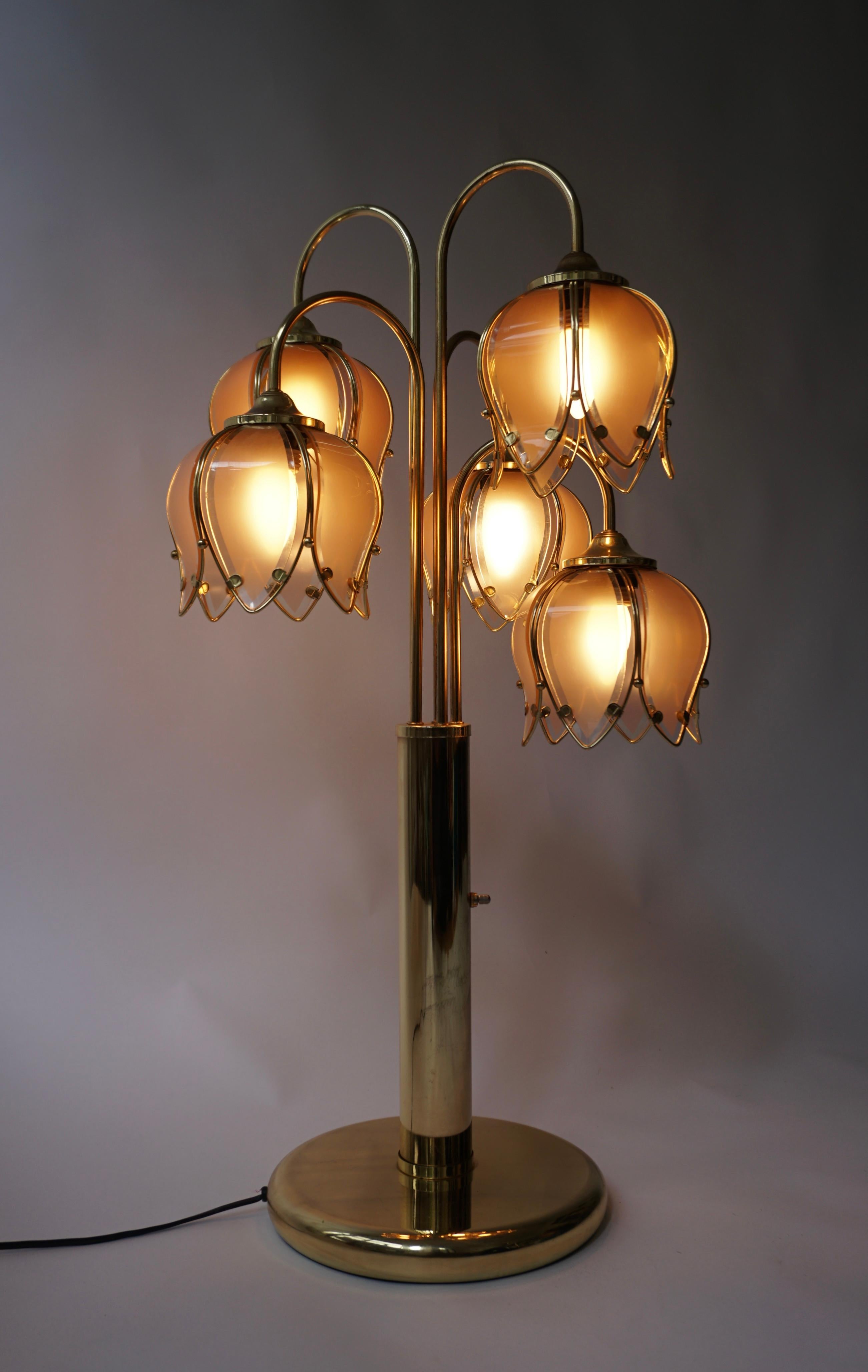 Hollywood Regency Glas und Messing 5 Arm Tulip Lotus Lampe 1970s im Angebot 5
