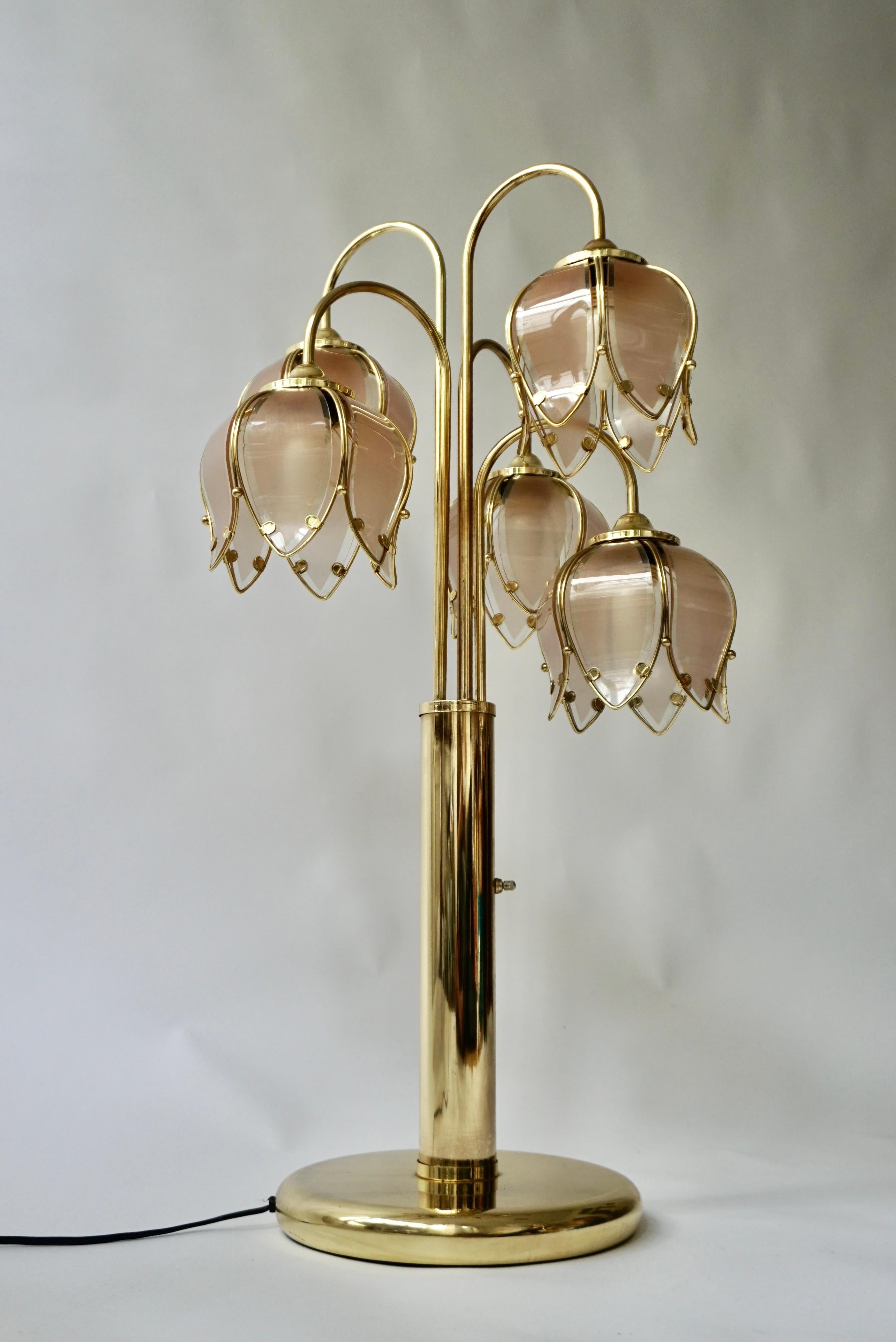Hollywood Regency Glas und Messing 5 Arm Tulip Lotus Lampe 1970s im Angebot 9