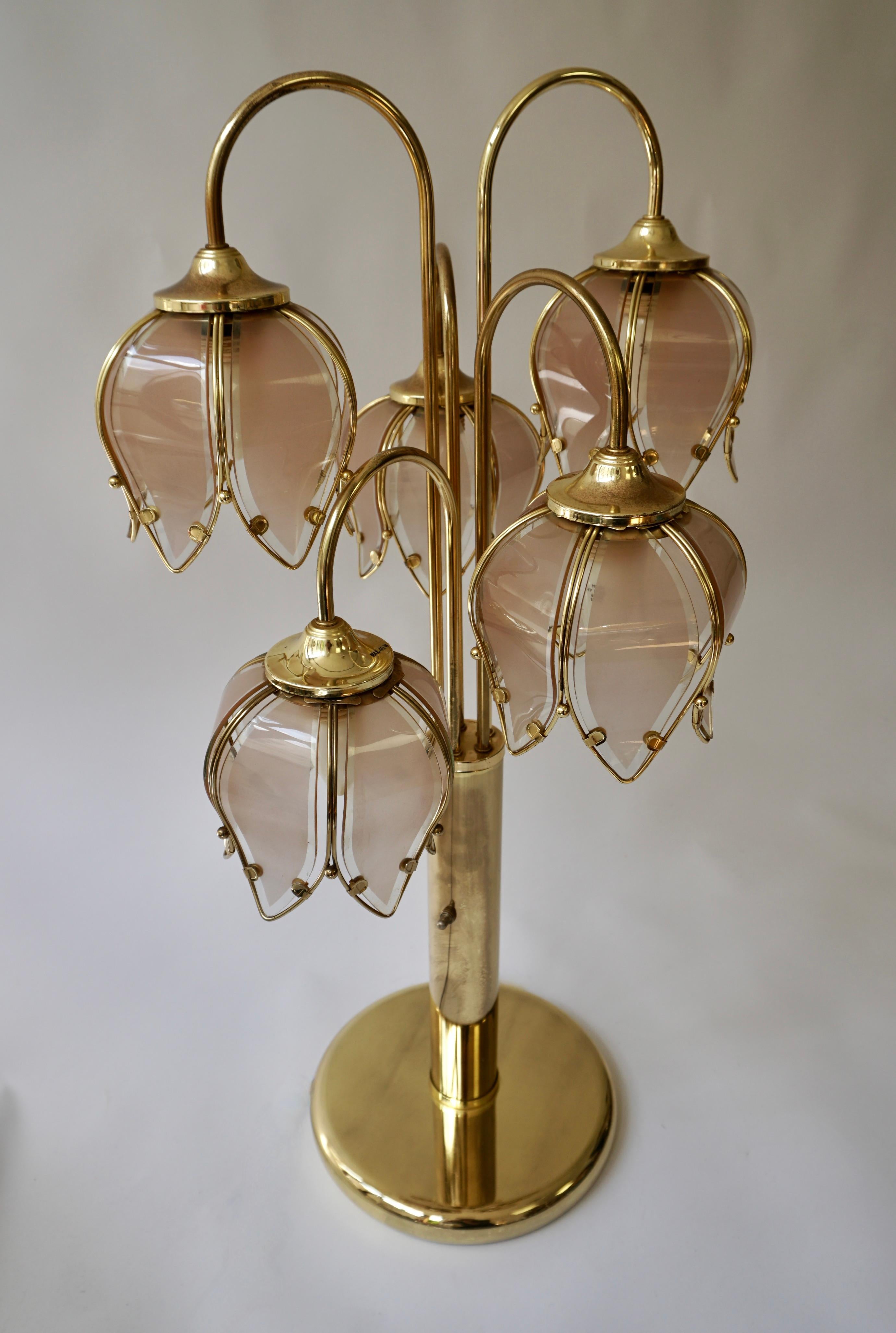 Hollywood Regency Glas und Messing 5 Arm Tulip Lotus Lampe 1970s im Angebot 12