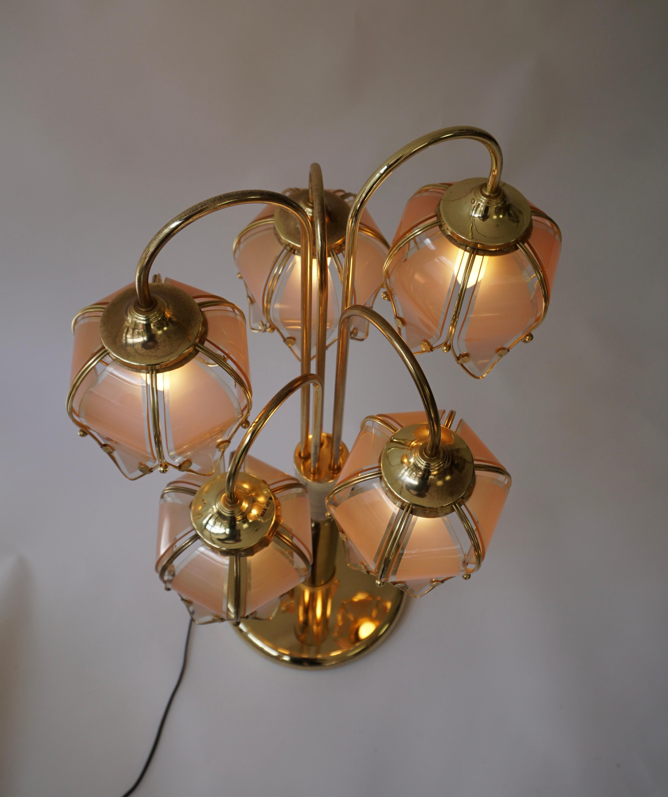 Hollywood Regency Glas und Messing 5 Arm Tulip Lotus Lampe 1970s im Angebot 14