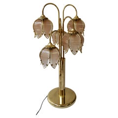 Lampe lotus tulipe à 5 bras en verre et laiton Hollywood Regency des années 1970