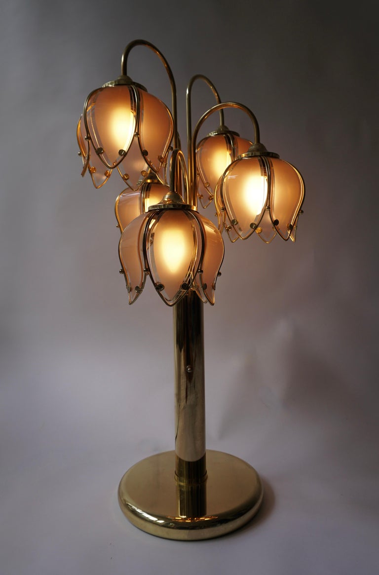 Hollywood Regency Glass and Brass 5 Arm Tulip Lotus Lamp 1970s For Sale at 1stDibs vintage lotus flower lamp vintage pink lotus flower lamp hollywood regency tulip lamp