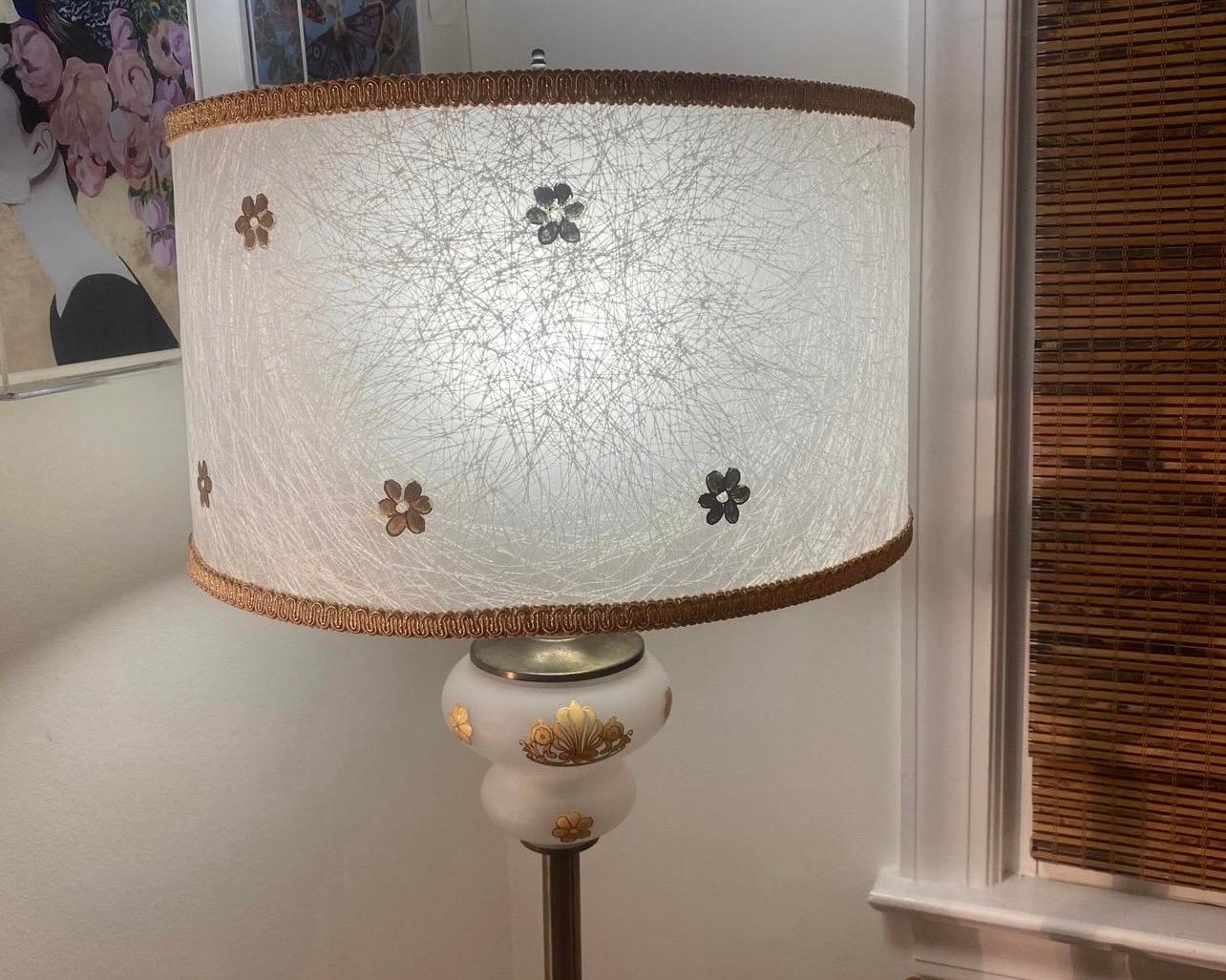 Hollywood Regency glass and brass floor lamp with matching fiberglass shade 6