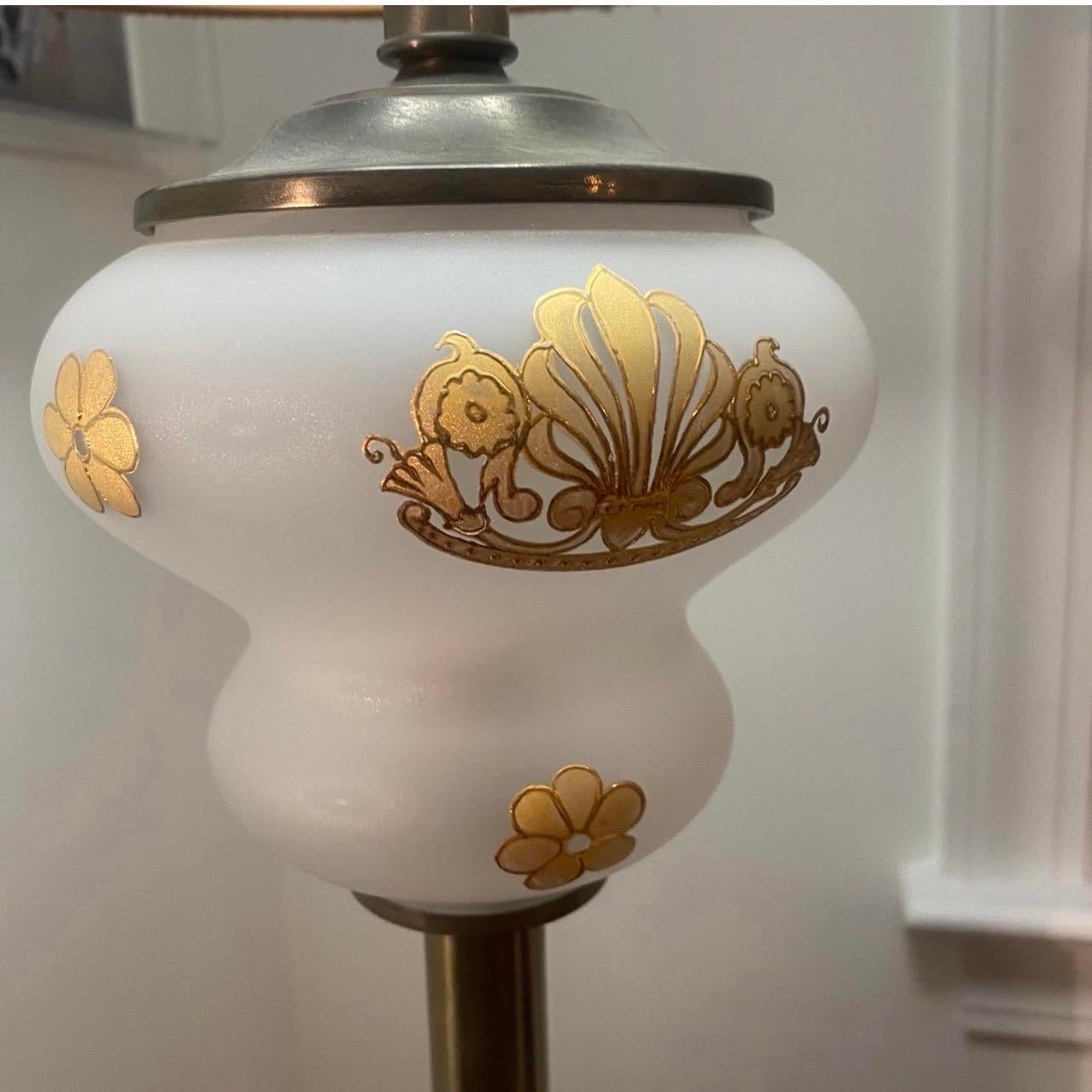 Hollywood Regency glass and brass floor lamp with matching fiberglass shade 7