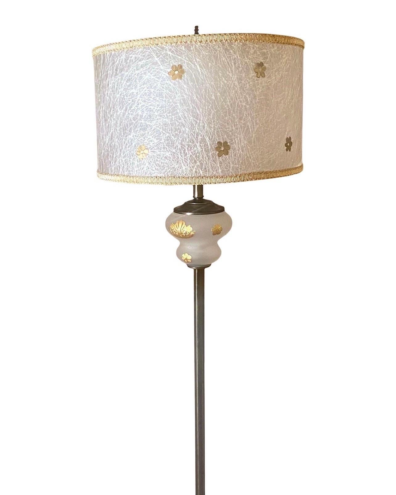 American Hollywood Regency glass and brass floor lamp with matching fiberglass shade