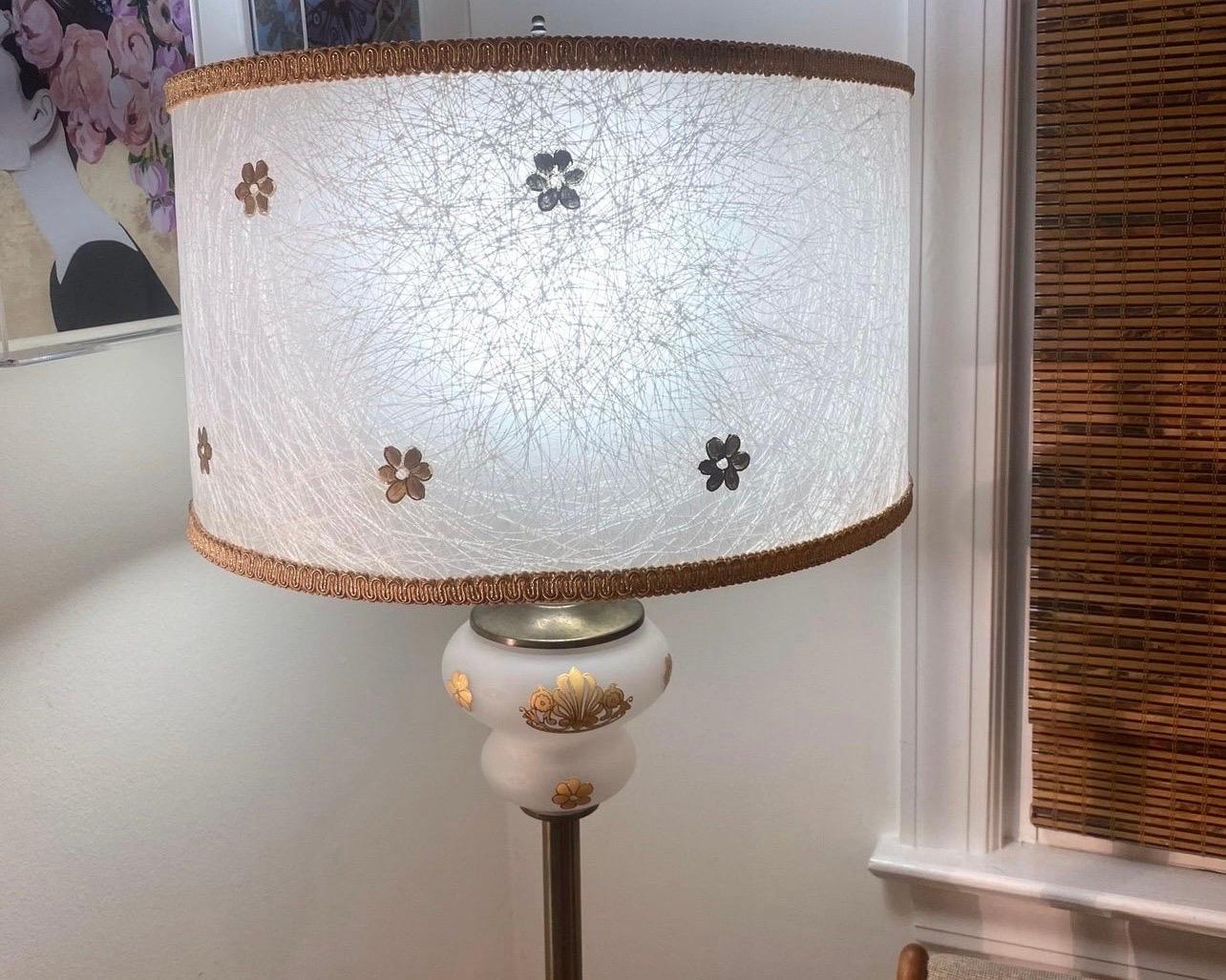 20th Century Hollywood Regency glass and brass floor lamp with matching fiberglass shade