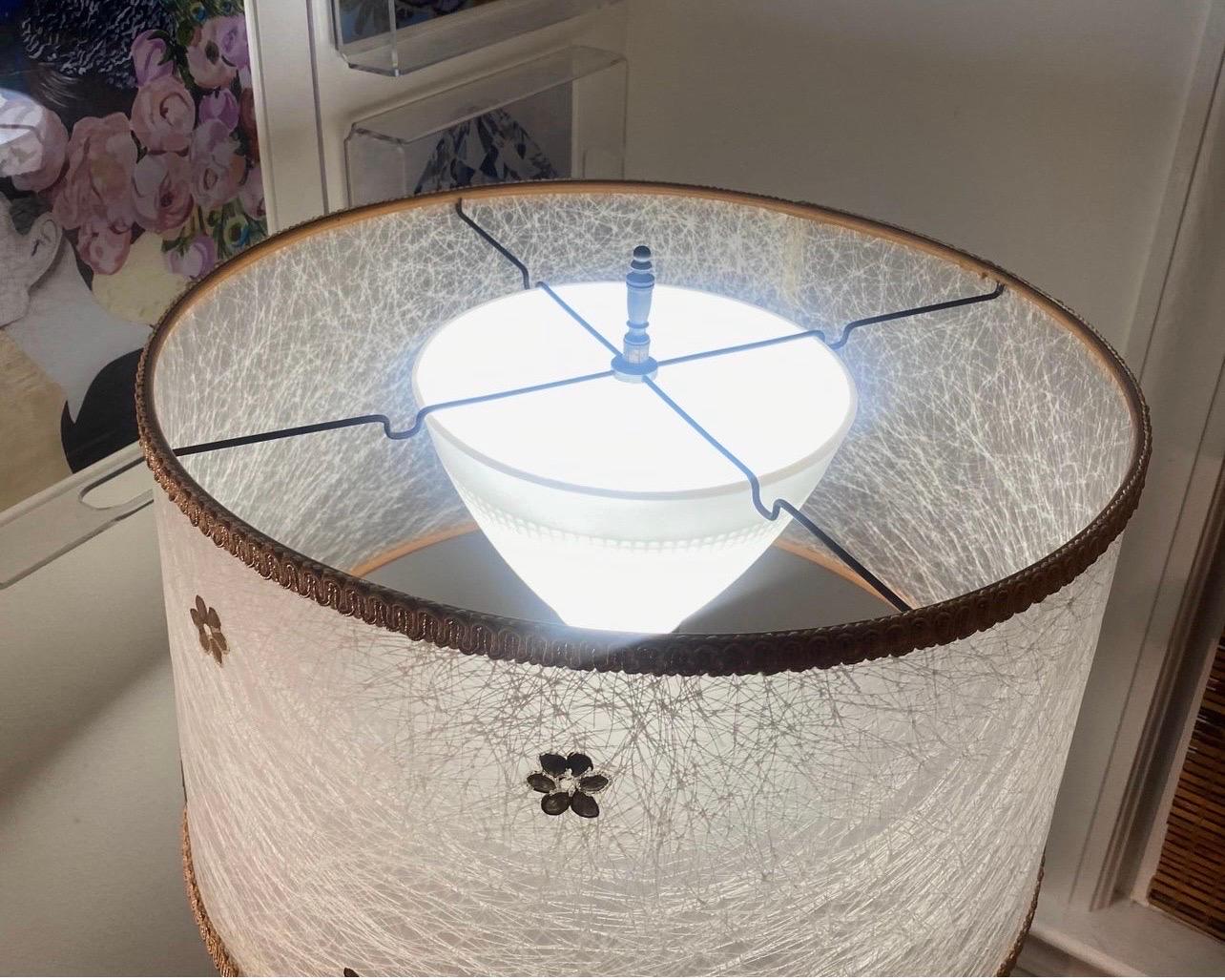 Brass Hollywood Regency glass and brass floor lamp with matching fiberglass shade