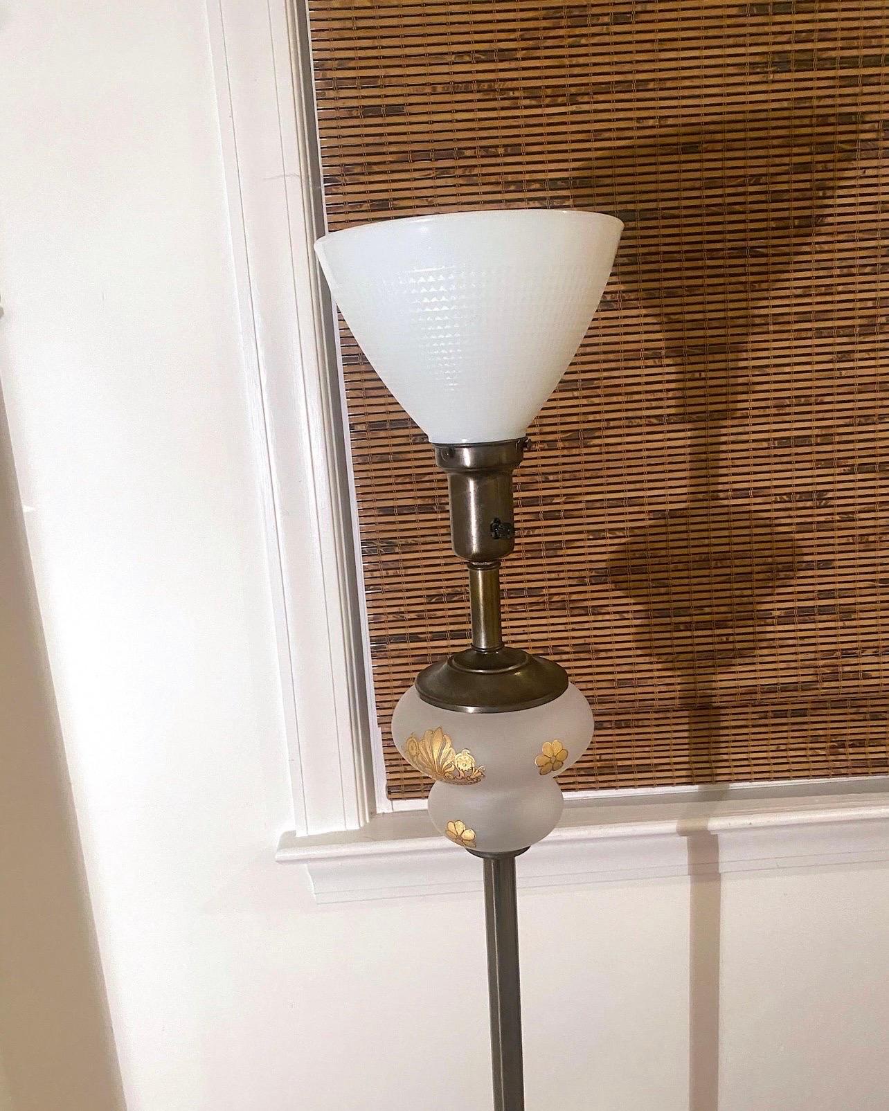 Hollywood Regency glass and brass floor lamp with matching fiberglass shade 1