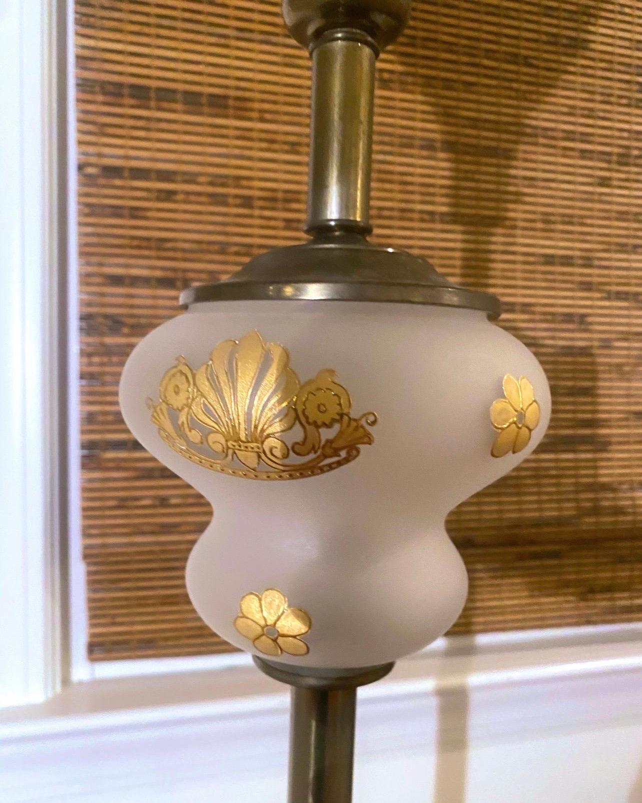 Hollywood Regency glass and brass floor lamp with matching fiberglass shade 3