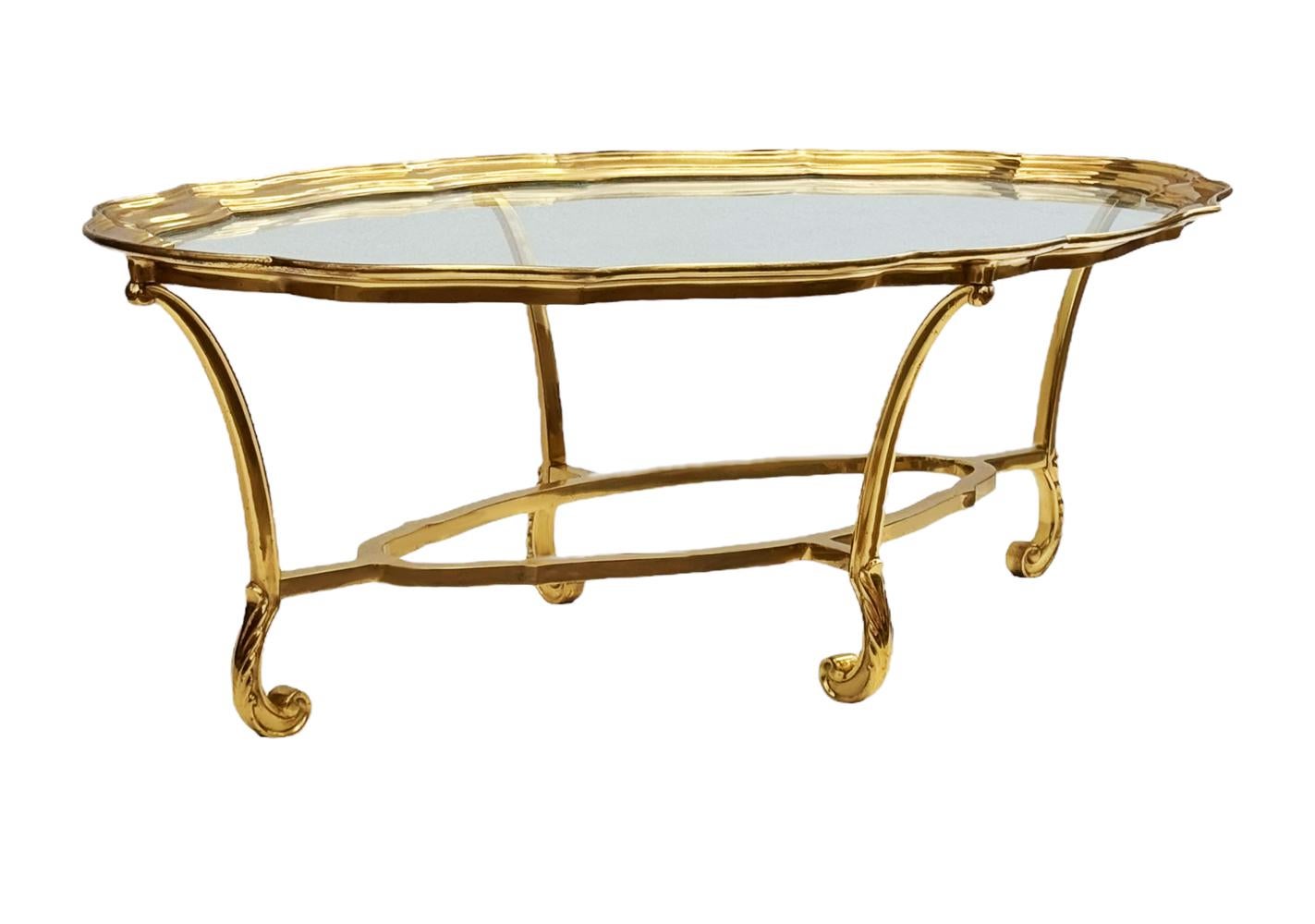French Hollywood Regency Glass and Brass Oval Cocktail Table by LaBarge For Sale