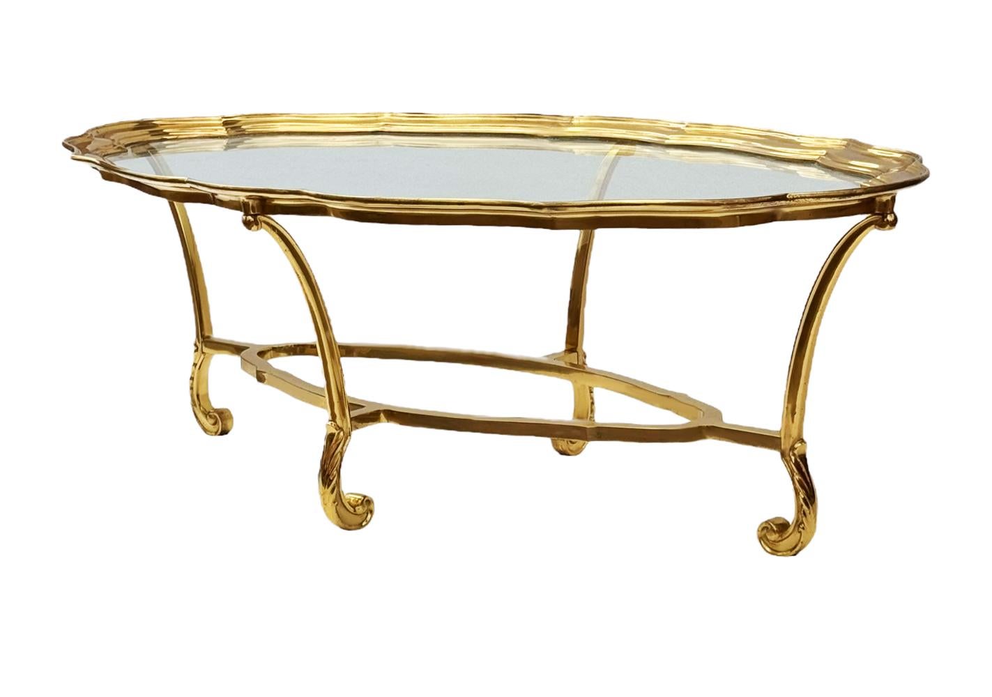 Hollywood Regency Glass and Brass Oval Cocktail Table by LaBarge In Good Condition For Sale In Philadelphia, PA
