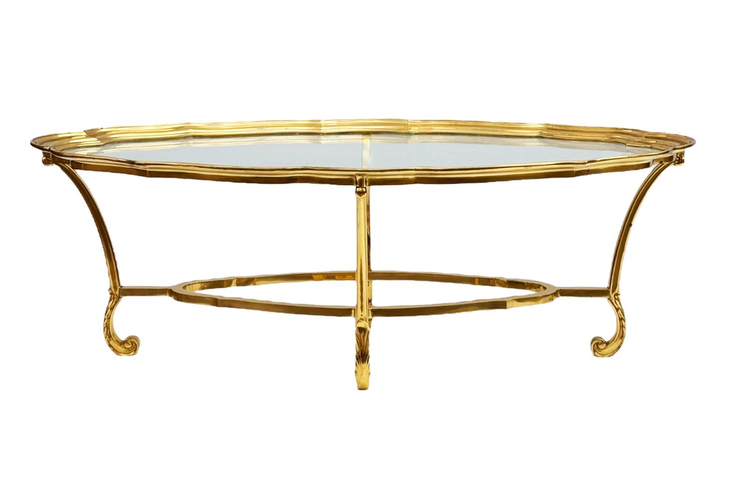Late 20th Century Hollywood Regency Glass and Brass Oval Cocktail Table by LaBarge For Sale