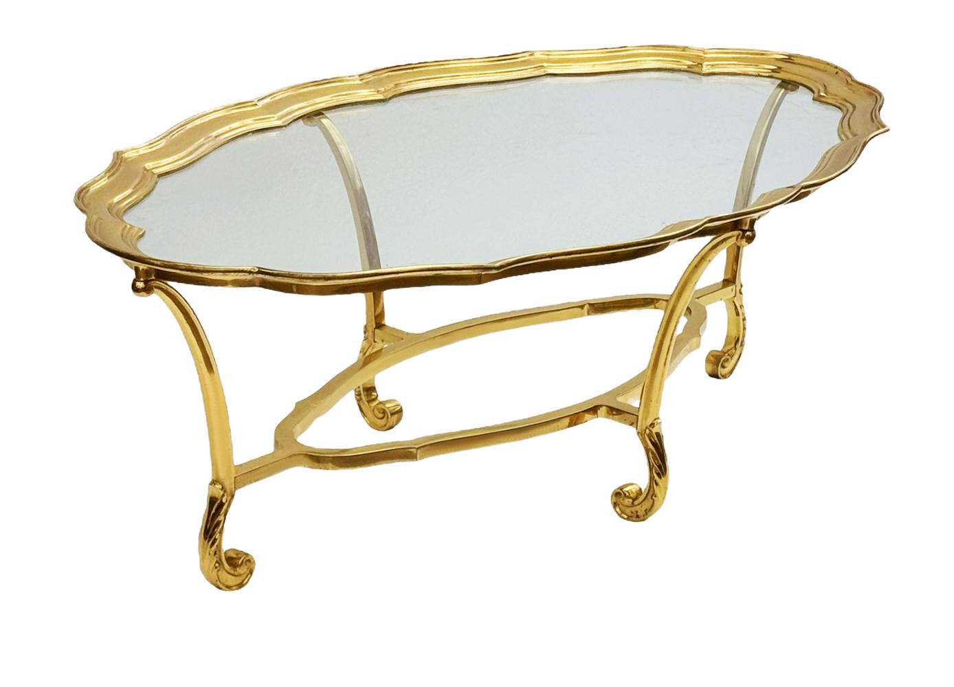 Hollywood Regency Glass and Brass Oval Cocktail Table by LaBarge For Sale 1