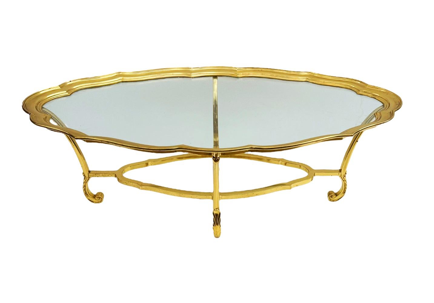 Hollywood Regency Glass and Brass Oval Cocktail Table by LaBarge For Sale 2