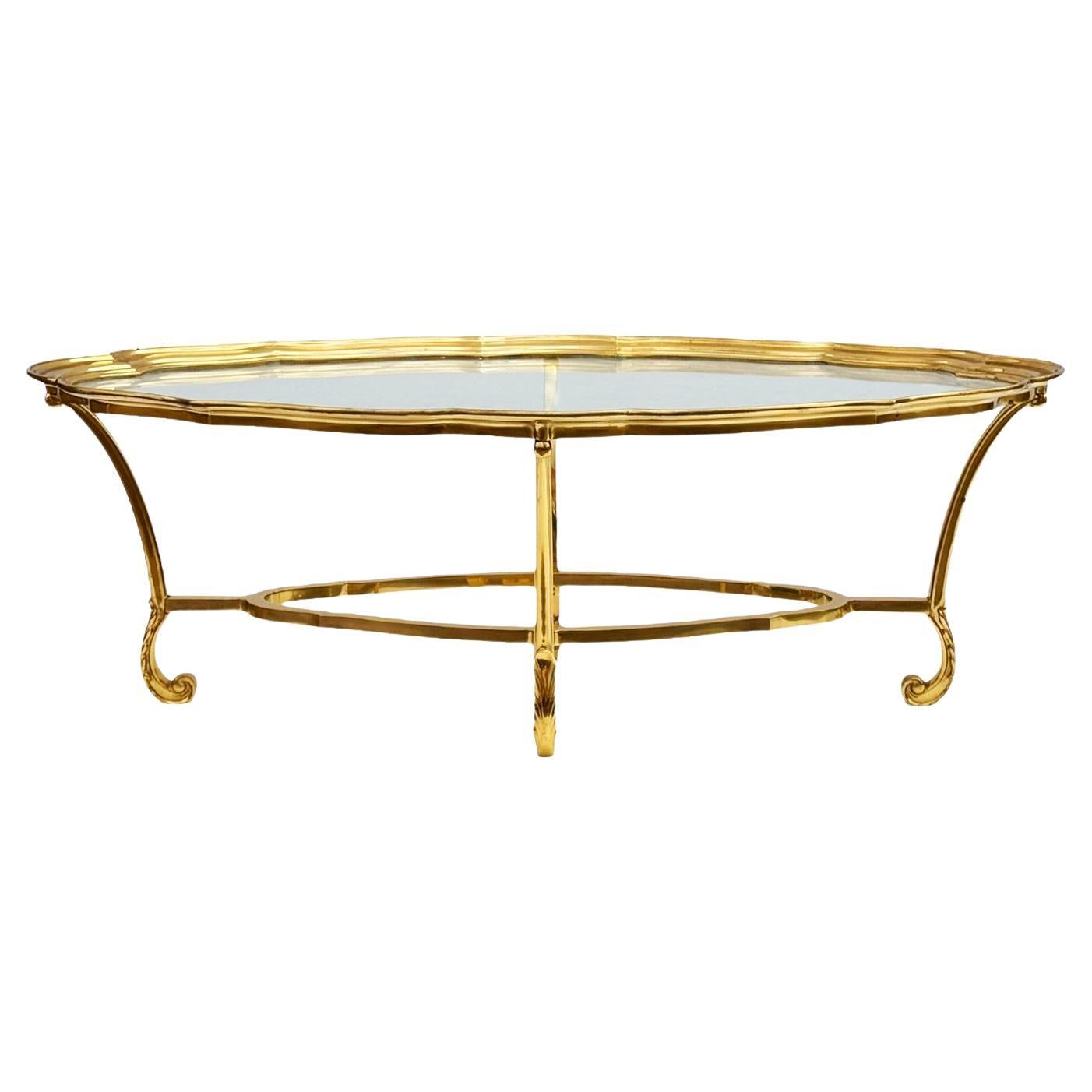 Hollywood Regency Glass and Brass Oval Cocktail Table by LaBarge For Sale