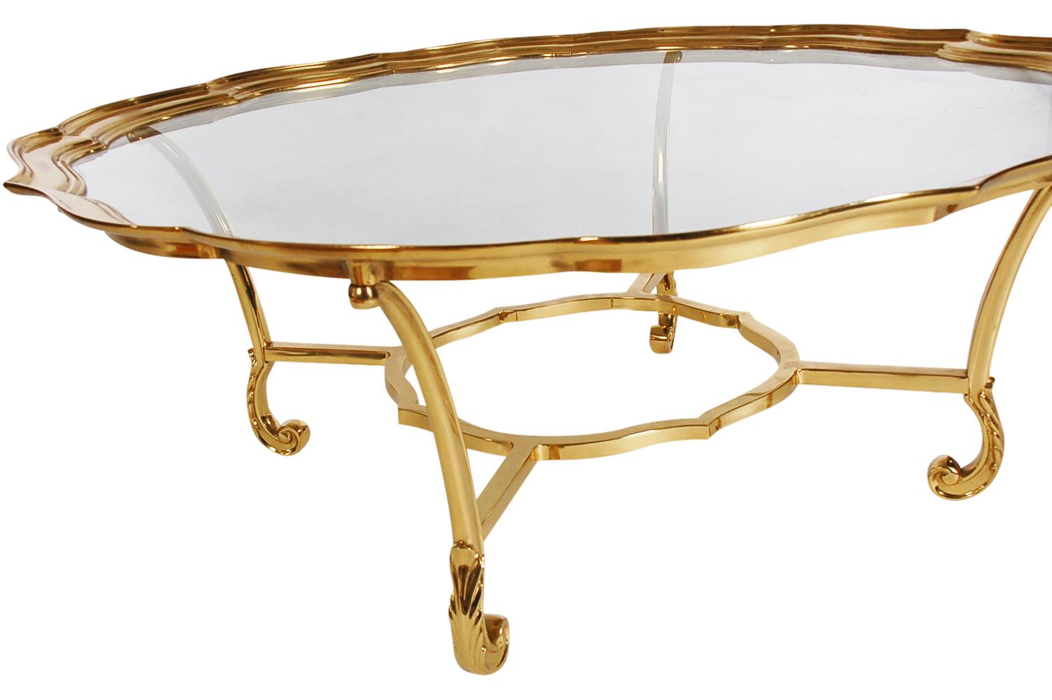 French Hollywood Regency Glass and Brass Round Cocktail Table by LaBarge