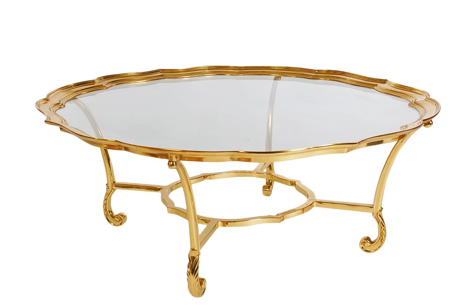 Hollywood Regency Glass and Brass Round Cocktail Table by LaBarge In Good Condition In Philadelphia, PA