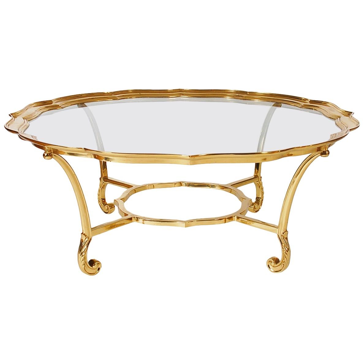 Hollywood Regency Glass and Brass Round Cocktail Table by LaBarge