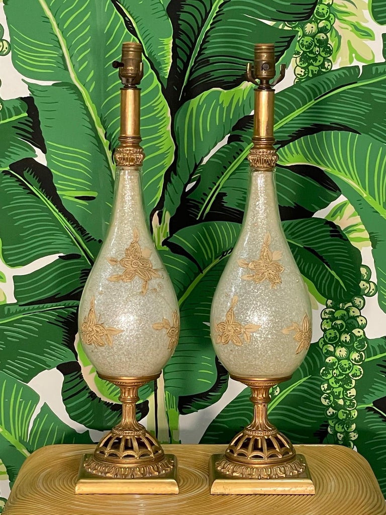 Hollywood Regency Glass and Gold Table Lamps For Sale at 1stDibs