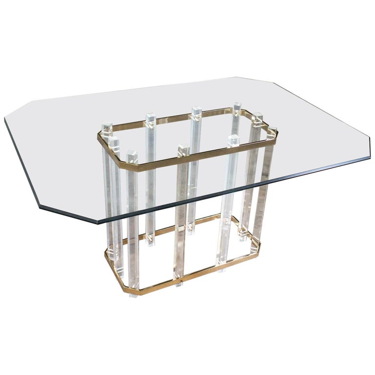 Hollywood Regency Glass Brass and Lucite Dining Table Style Charles Hollis Jones For Sale
