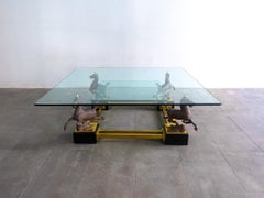 Hollywood Regency Glass Brass Coffee Table Bronze Flying Horses, Maison Charles