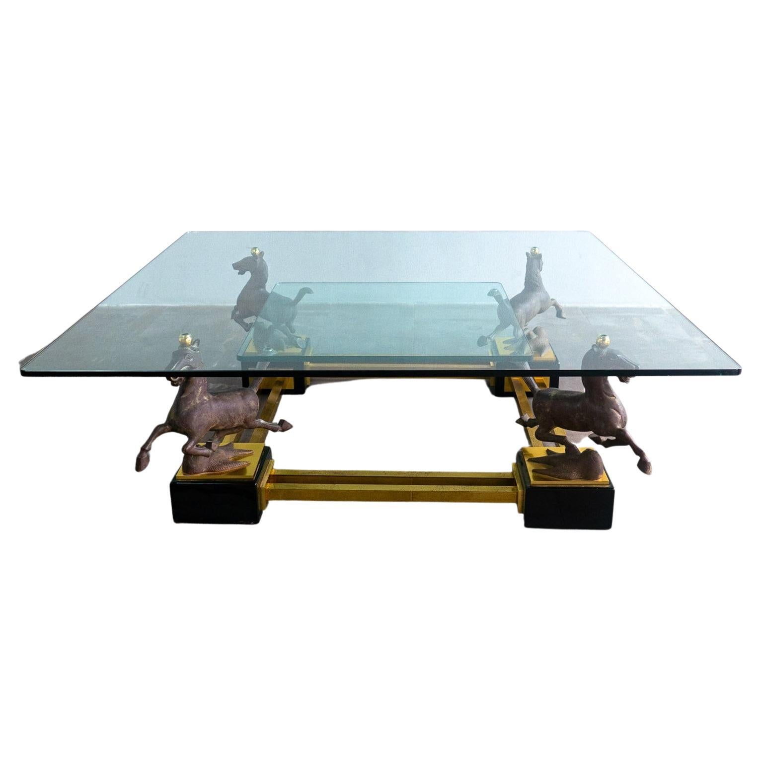 Hollywood Regency Glass Brass Coffee Table Bronze Flying Horses, Maison Charles