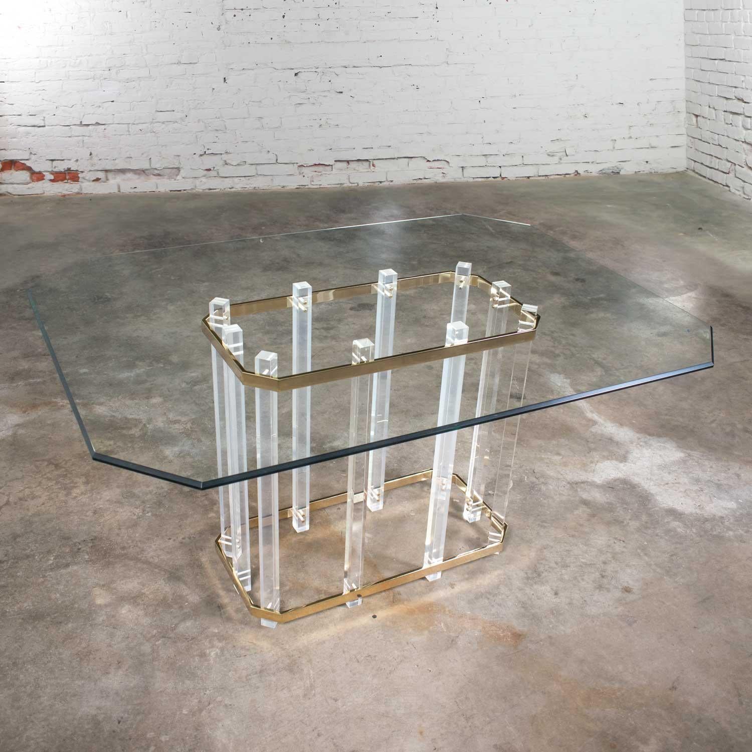 Plated Hollywood Regency Glass Brass and Lucite Dining Table Style Charles Hollis Jones For Sale