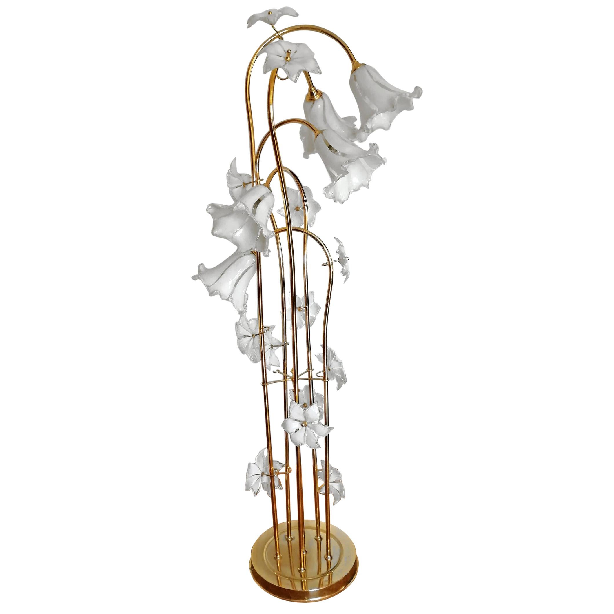 Murano Calla Lily Art Glass &Gilt Brass Flower Bouquet Floor Lamp by Franco Luce