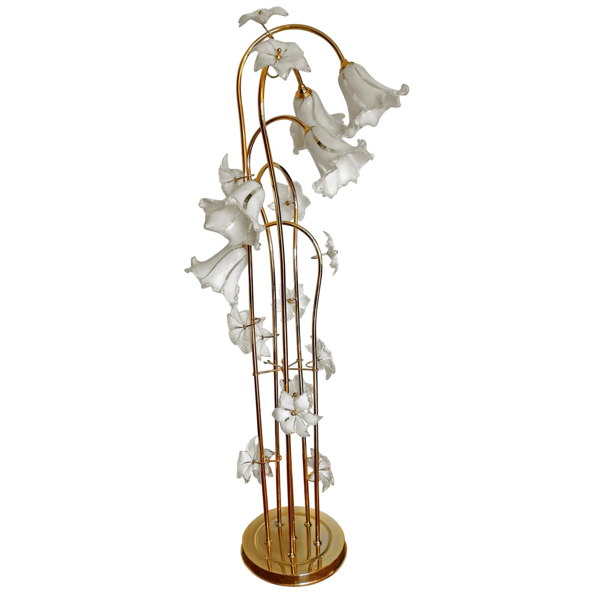Hollywood Regency Mid-Century Modern glass flower bouquet gilt brass tree modernist floor lamp,
Measures:
Height 59.05 in/ 150 cm
Width 23.62 in/ 60 cm
Weight 33 lb/ 15 kg
Five light bulbs - E 14- good working condition/European wiring
Your