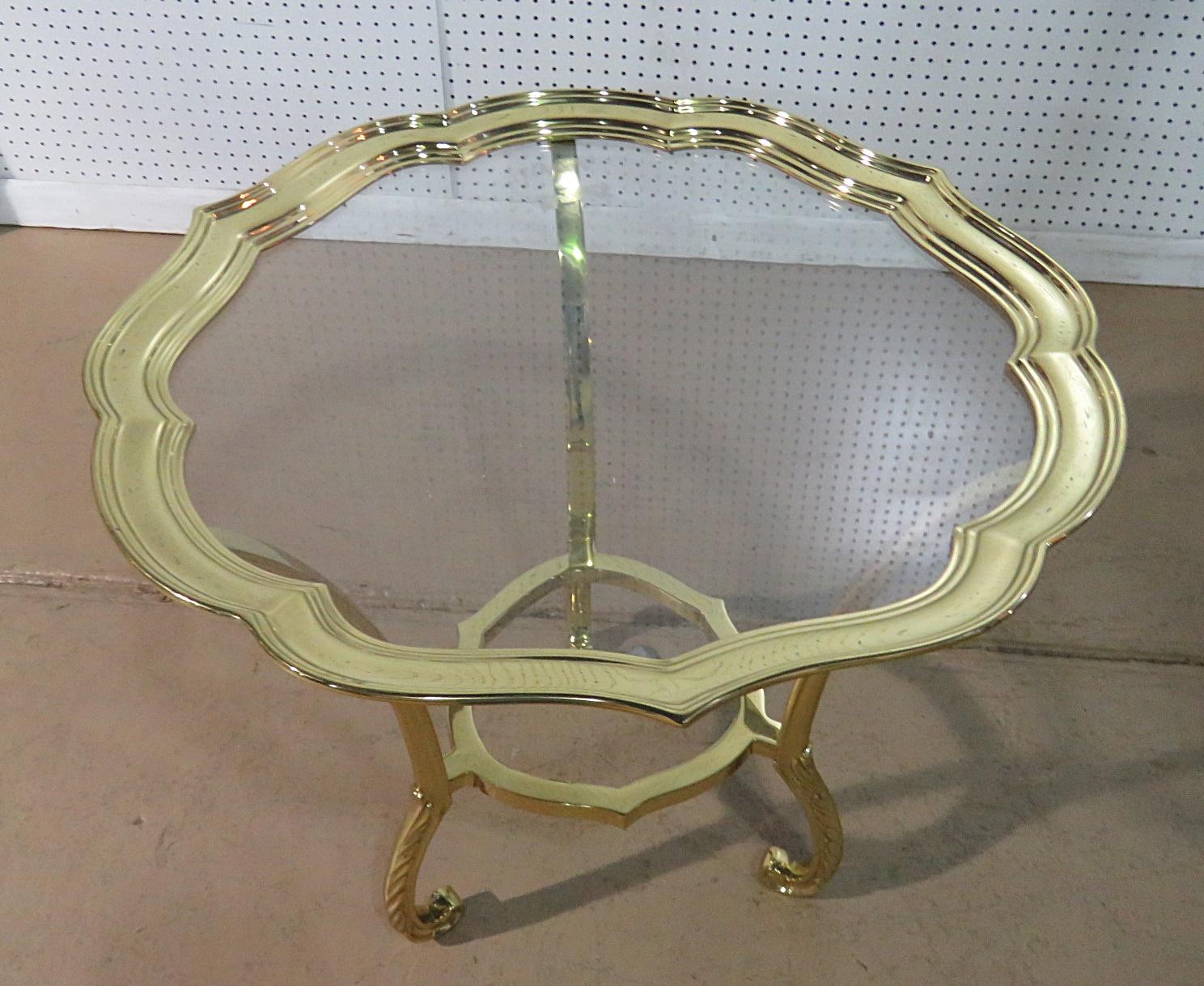Round Hollywood Regency Brass and Glass Top Side Table Attributed to Labarge In Good Condition In Swedesboro, NJ