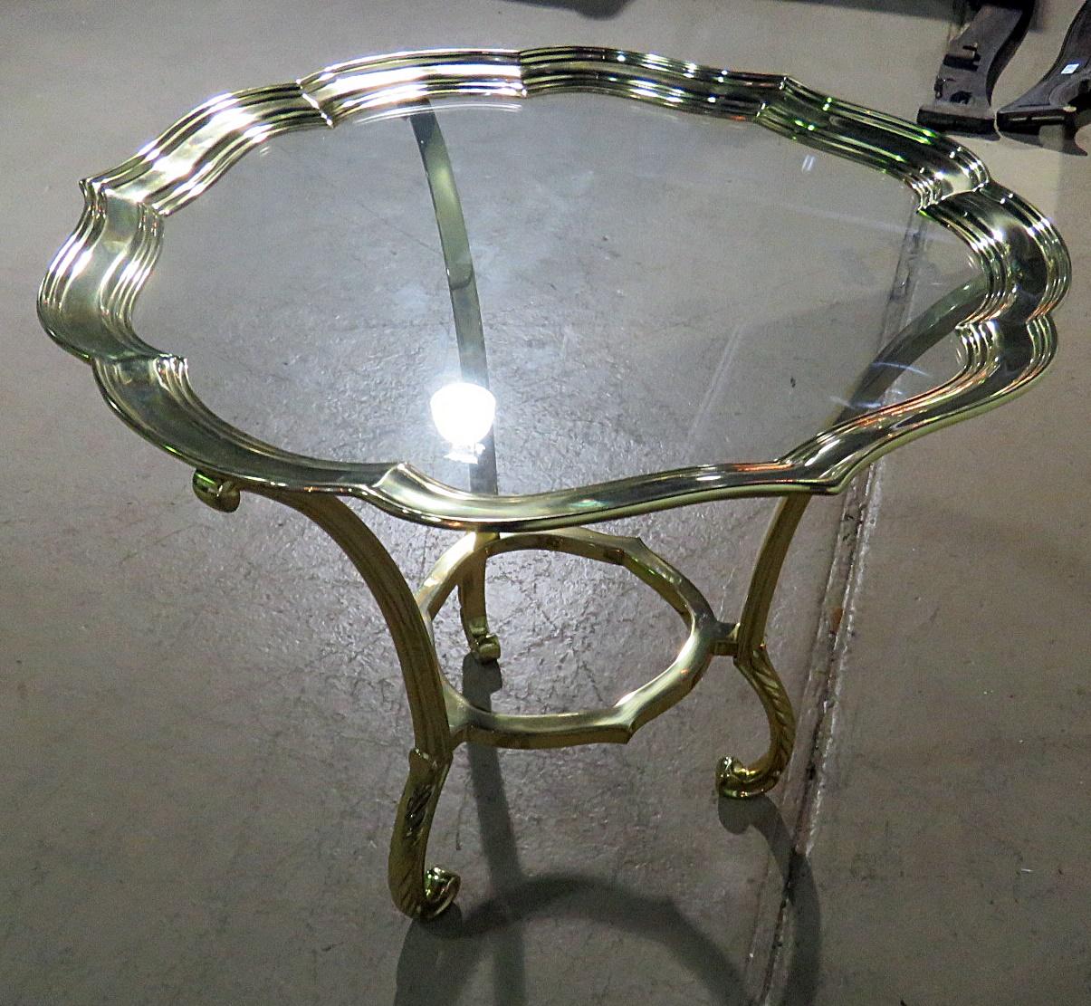 20th Century Round Hollywood Regency Brass and Glass Top Side Table Attributed to Labarge