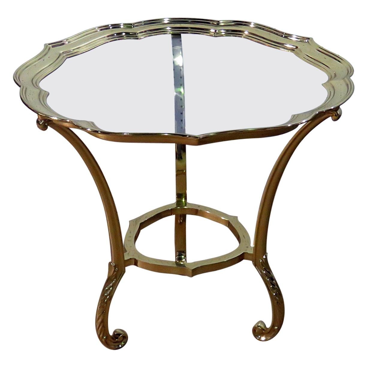 Round Hollywood Regency Brass and Glass Top Side Table Attributed to Labarge