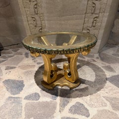 Hollywood Regency Glass-Topped Side Table Verdi Gris Gold Leaf