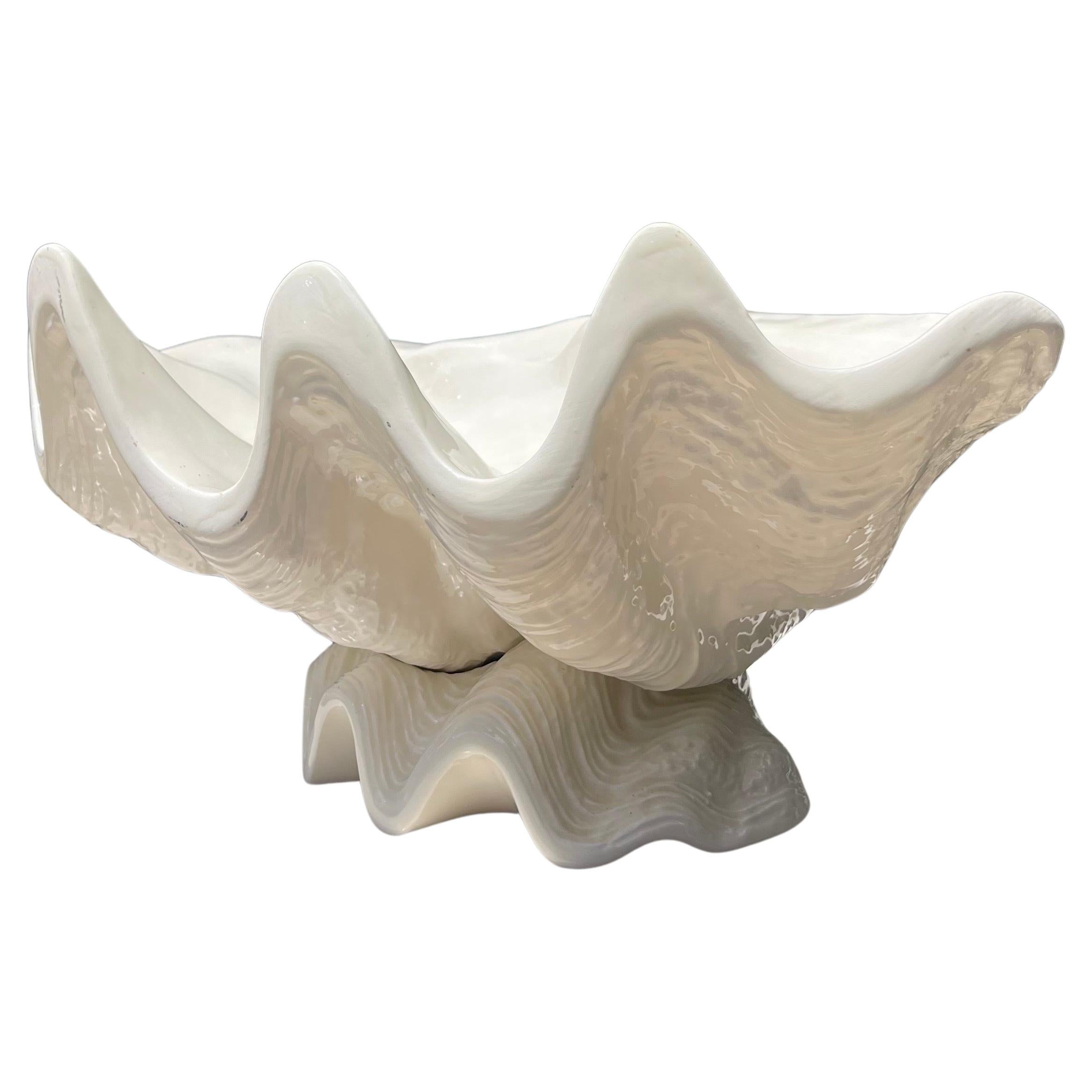 Hollywood Regency Glazed Ceramic Large Clam Shell Bowl on Base Stand