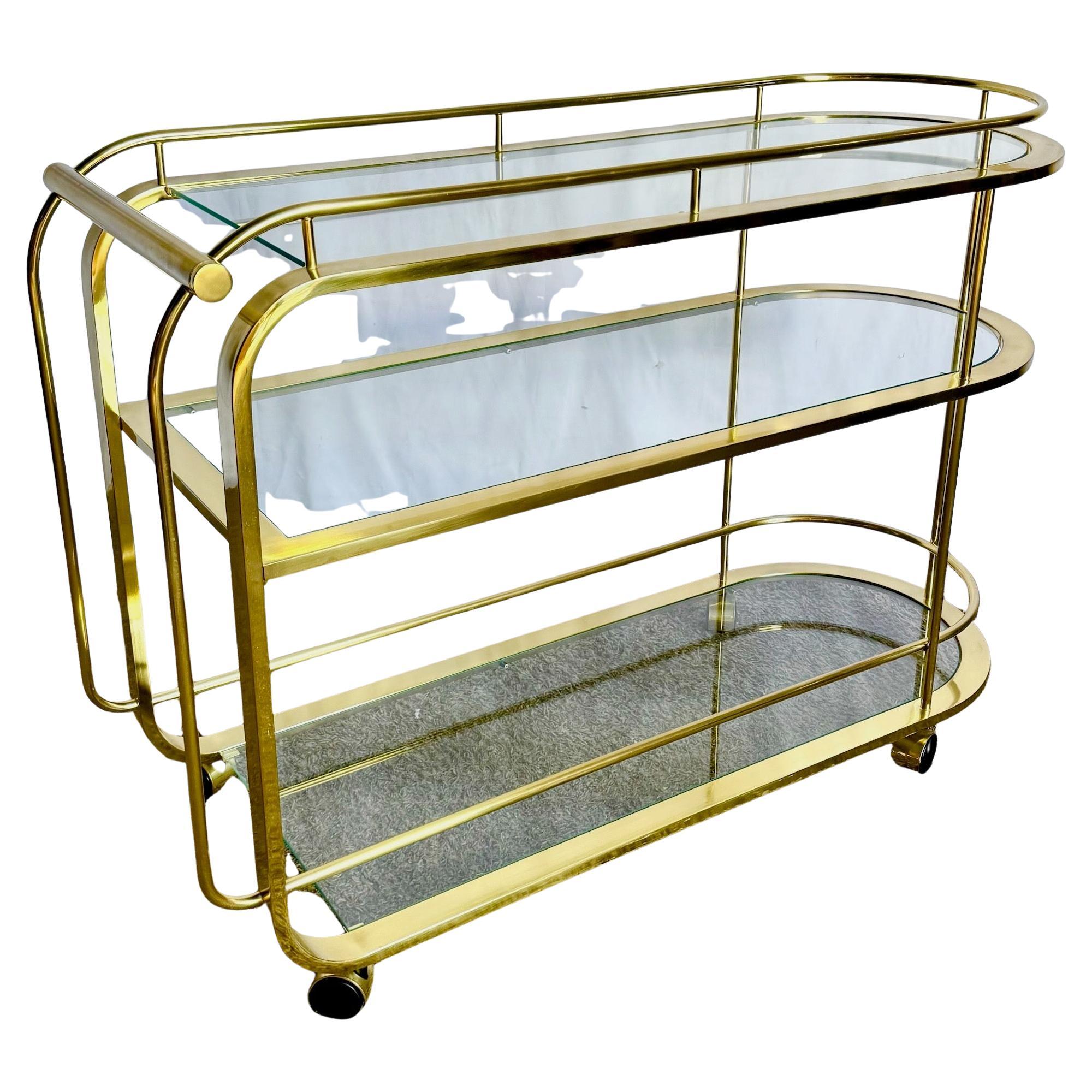 Hollywood Regency Gold 3 Tier Bar Cart on Casters For Sale