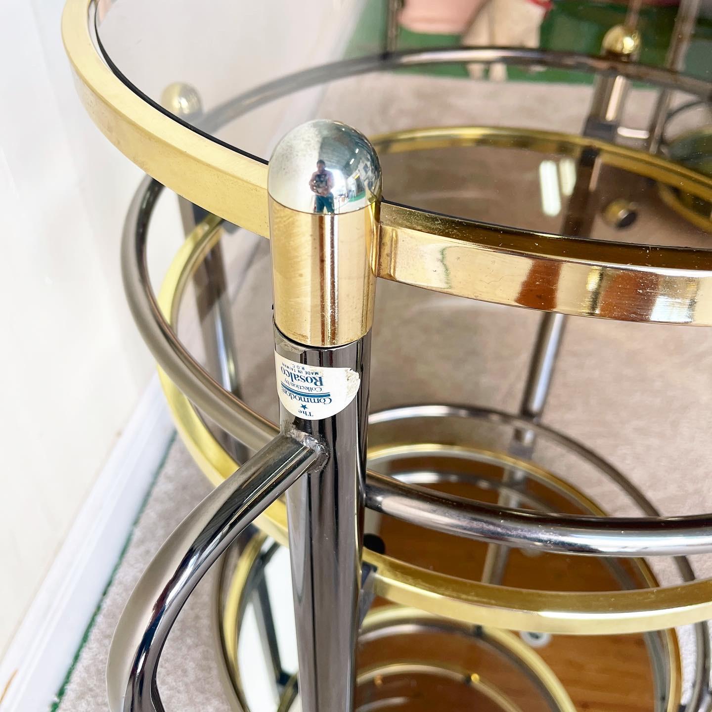 Post-Modern Hollywood Regency Gold and Charcoal Three Tear Mirrored Swivel Top Beverage Cart