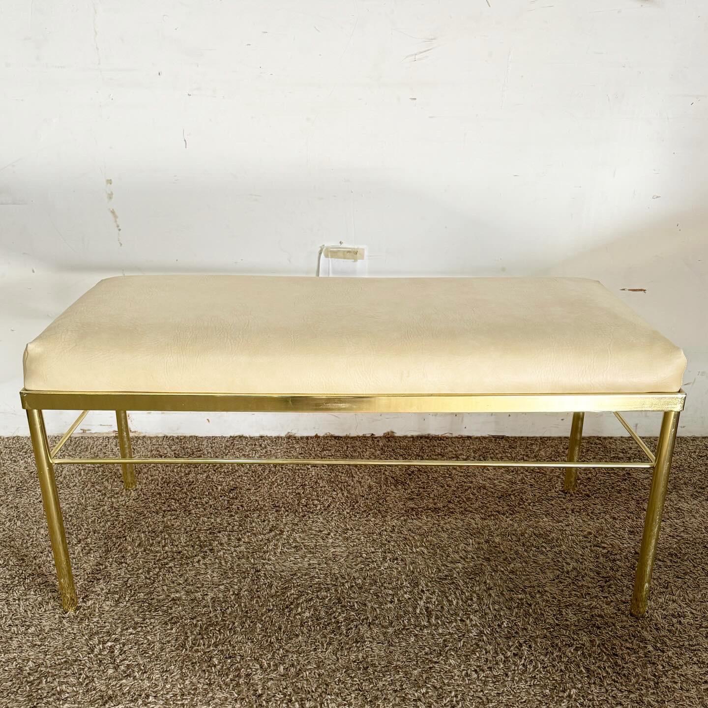 American Hollywood Regency Gold Bench With Vinyl Faux Leather Seat Cushion For Sale