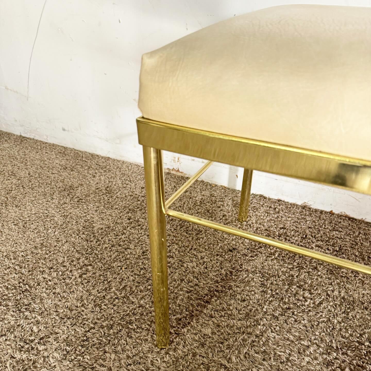 Metal Hollywood Regency Gold Bench With Vinyl Faux Leather Seat Cushion