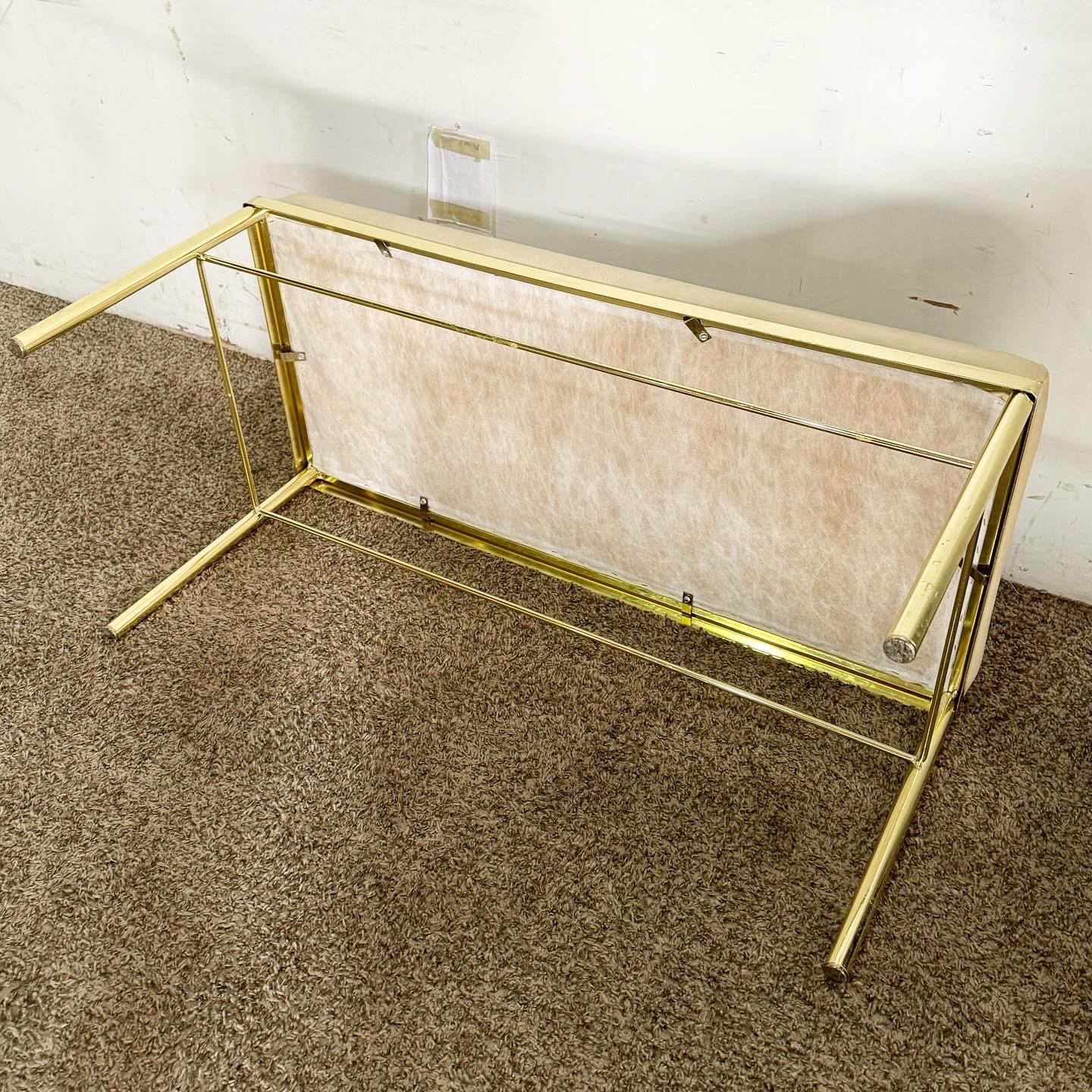 Hollywood Regency Gold Bench With Vinyl Faux Leather Seat Cushion 1