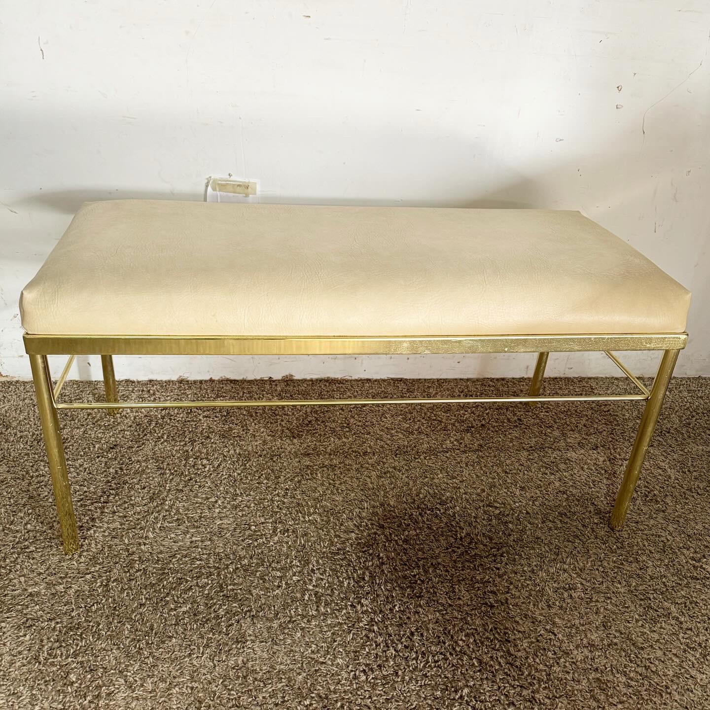 Hollywood Regency Gold Bench With Vinyl Faux Leather Seat Cushion 2