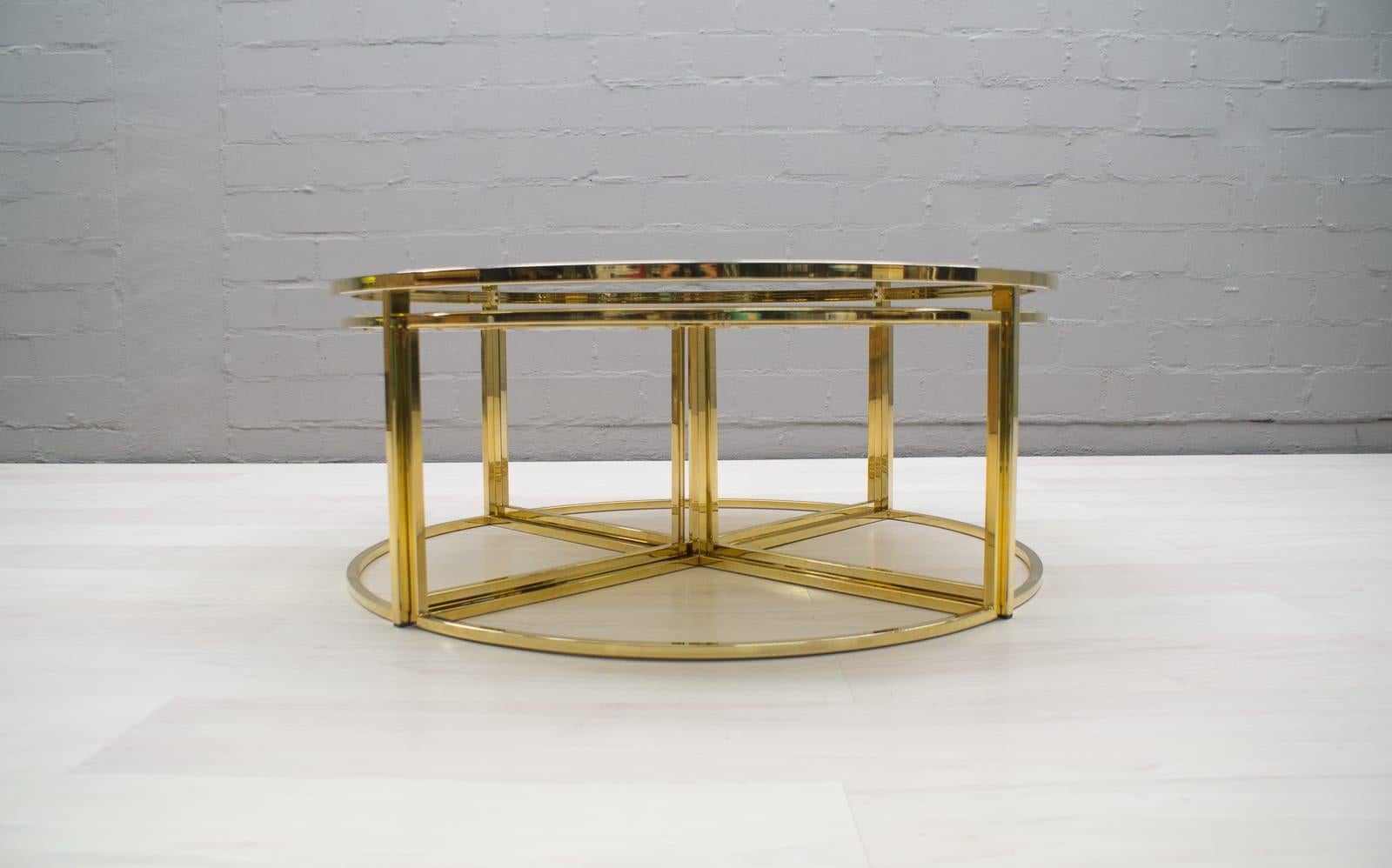 Smoked Glass Hollywood Regency Gold Coffee Table with 4 Nesting Tables, France 1960s