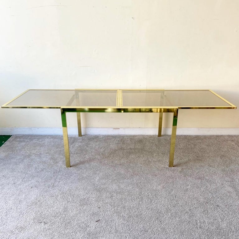 Hollywood Regency Gold Extendable Dining Table with Smoked Glass Top by ...