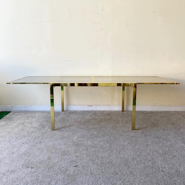 Hollywood Regency Gold Extendable Dining Table with Smoked Glass Top by