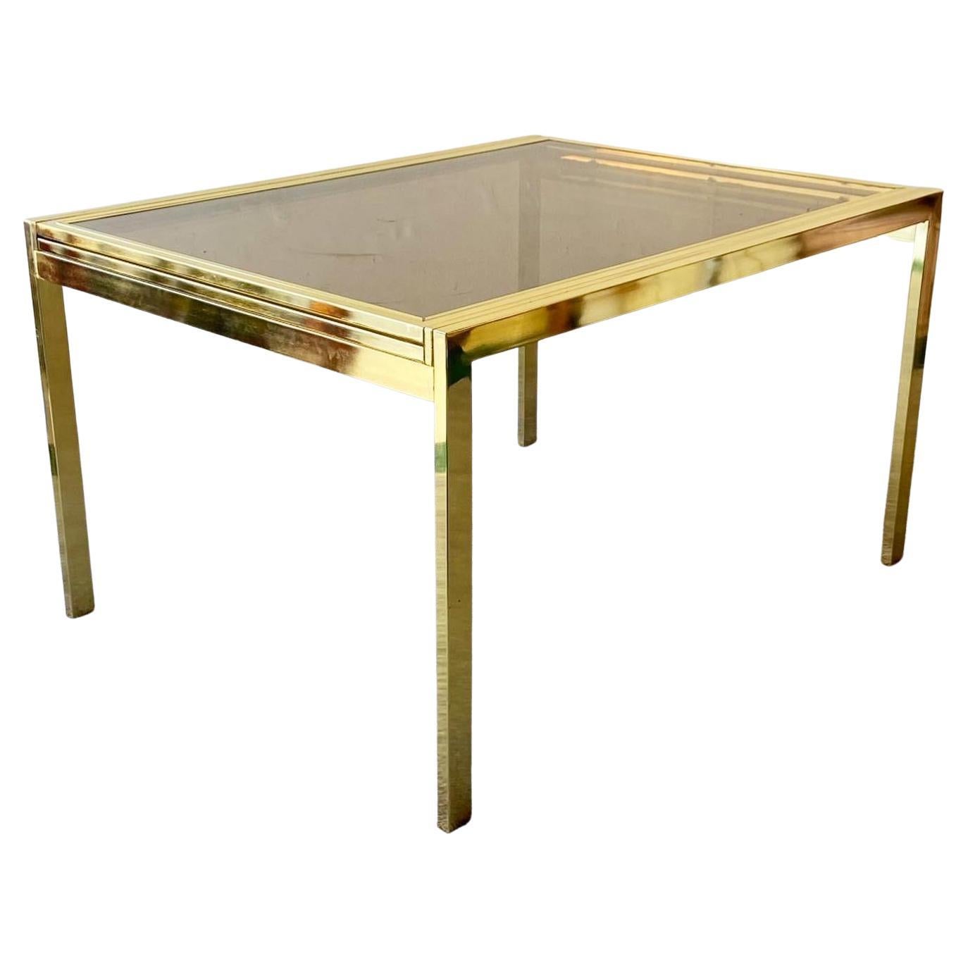 Hollywood Regency Gold Extendable Dining Table with Smoked Glass Top by