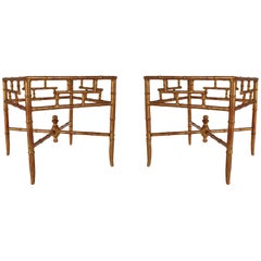 Hollywood Regency Gold Gilt Italian Faux Bamboo and Glass End or Side Tables