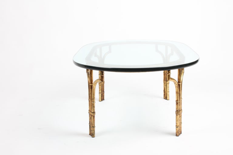 Hollywood Regency Gold Gilt Italian Faux Bamboo Oval Glass Top Coffee Table For Sale 5