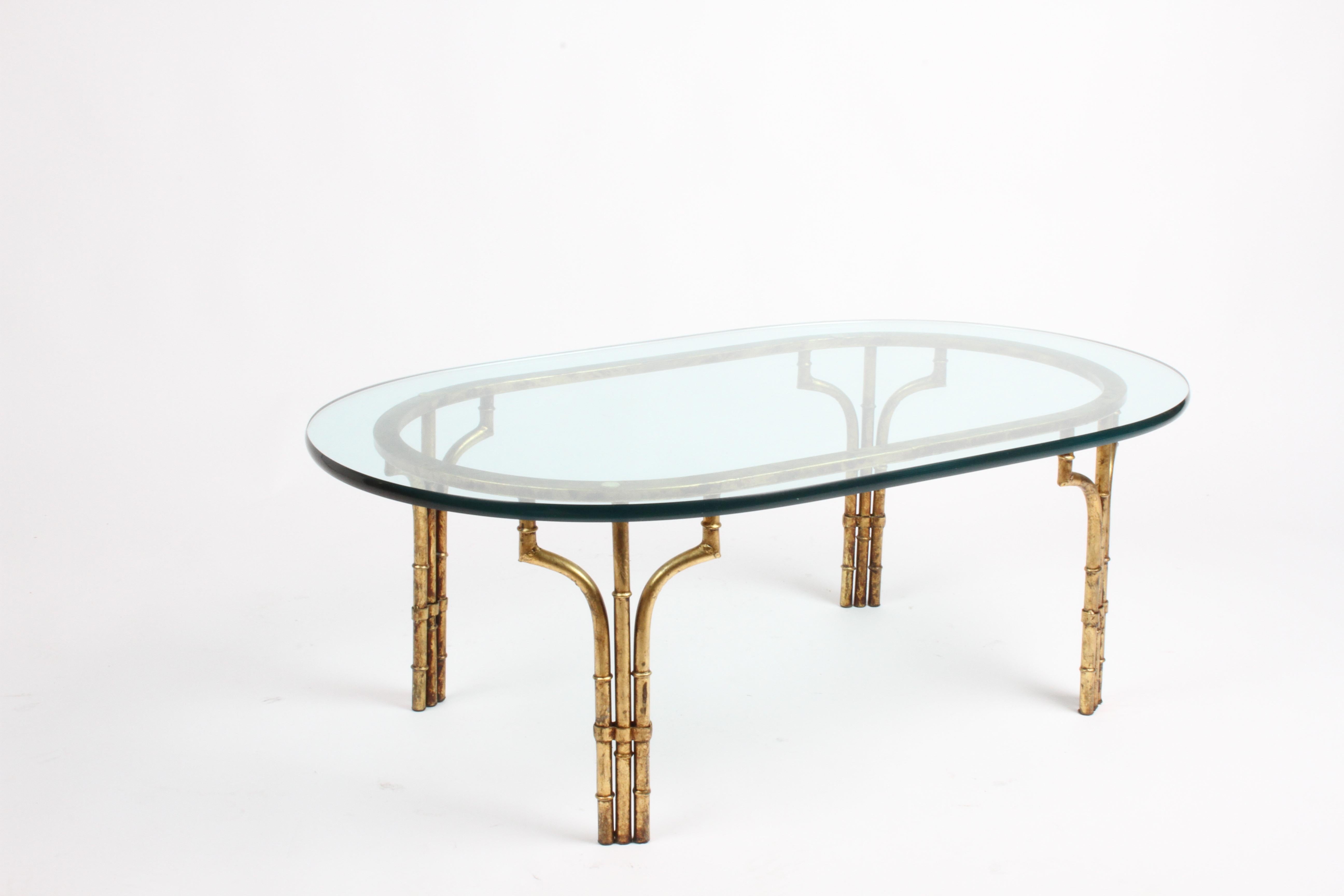 Metal Hollywood Regency Gold Gilt Italian Faux Bamboo Oval Glass Top Coffee Table For Sale