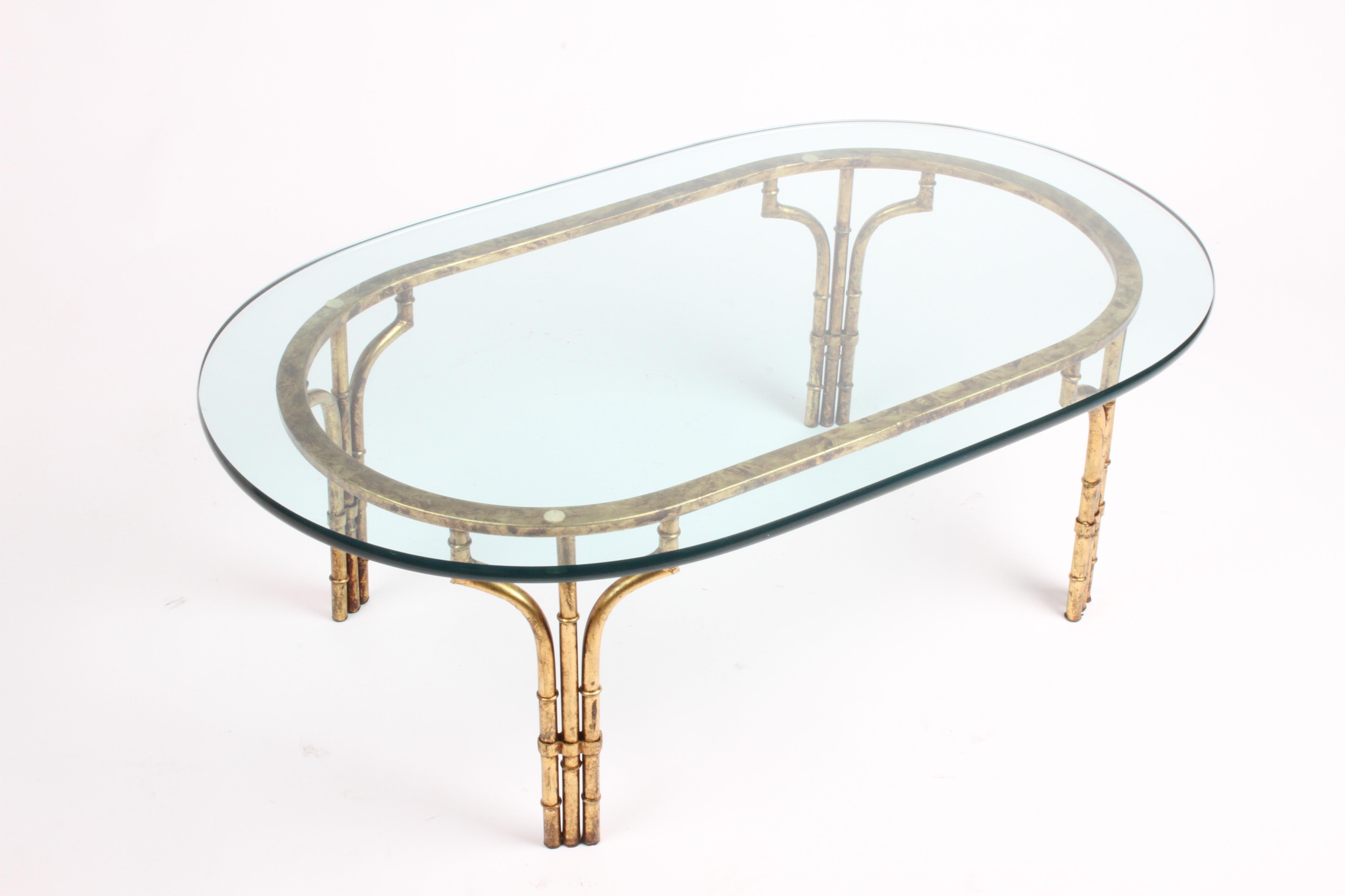 Hollywood Regency Gold Gilt Italian Faux Bamboo Oval Glass Top Coffee Table For Sale 1