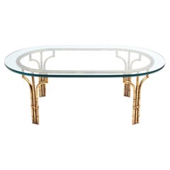 Hollywood Regency Gold Gilt Italian Faux Bamboo Oval Glass Top Coffee Table